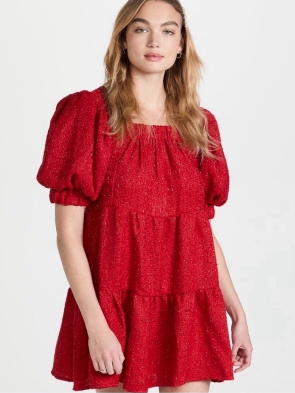 Sister Jane Carina Red Tweed Mini Dress - Puff Sleeve Tiered